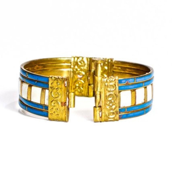 VTG 70's Mother of Pearl Brass Hinged Bangle - Picture 5 of 6